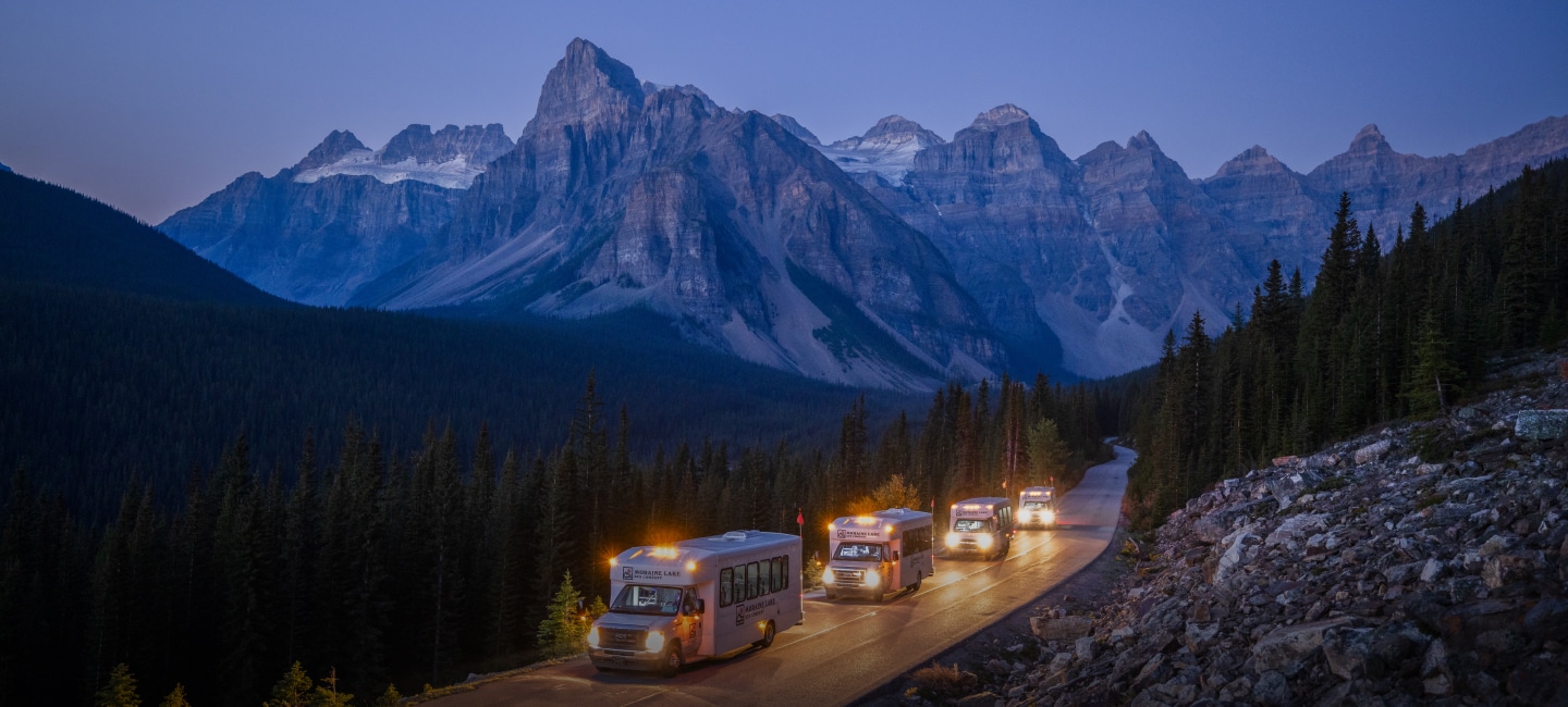 Sunrise light on the peaks above Moraine Lake